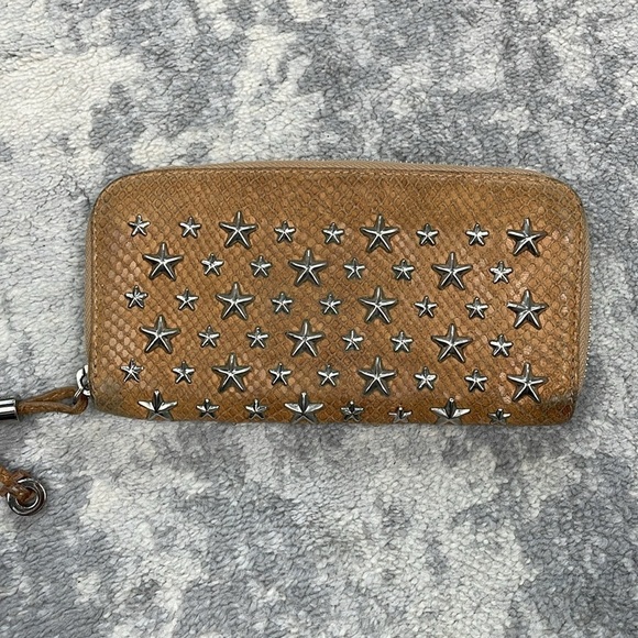 Jimmy Choo Filipa Zip Around Leather Star Studded Wallet Long Tan Silver - Picture 4 of 17